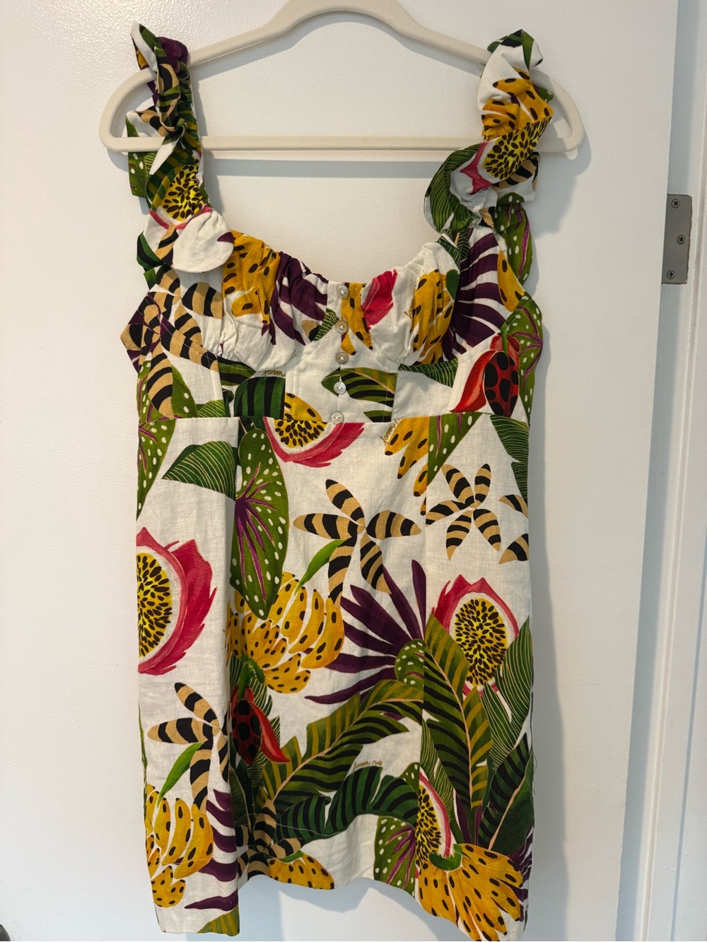 Tropical Print Ruffle Strap Mini Dress - White & Green - Picture 3 of 3